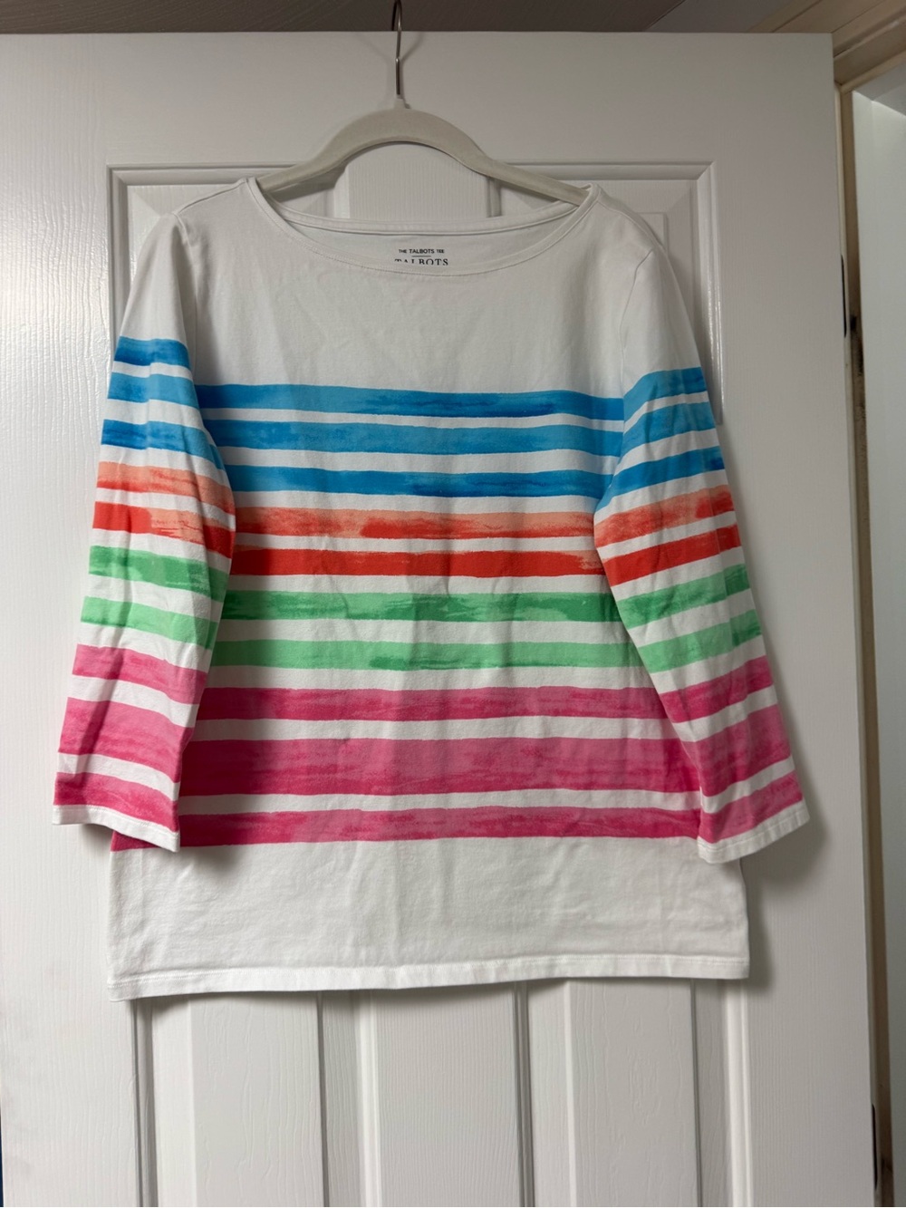Talbots White Striped Boatneck Top with Blue, Orange, Green, Pink